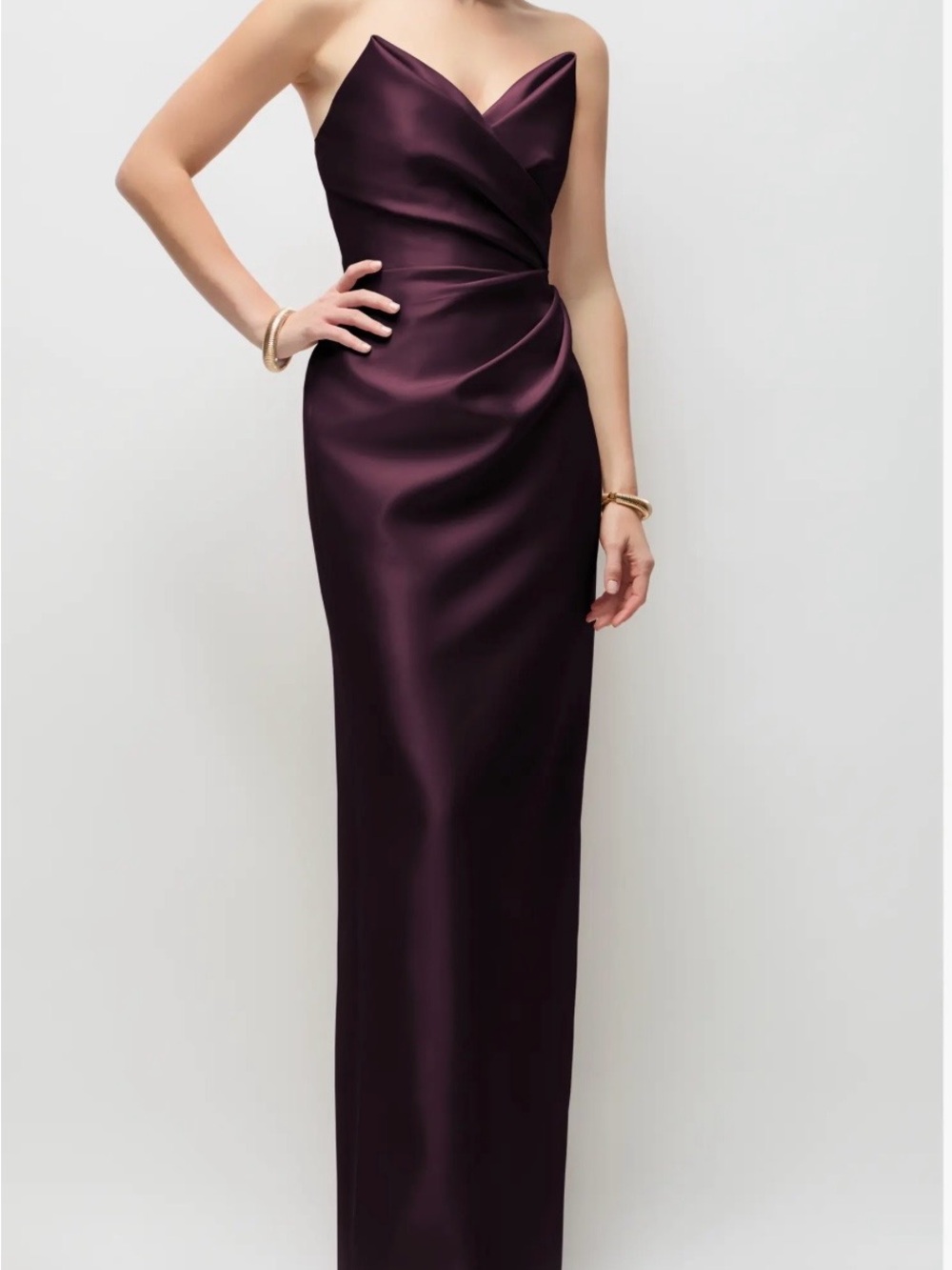 Alfred Sung Rebecca Strapless Satin column Gown in Deep Plum, 10R